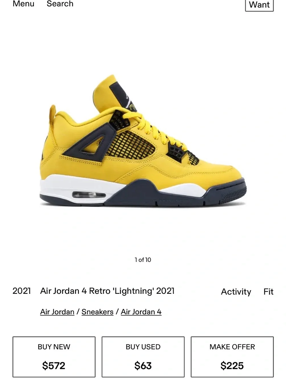Nike Air Jordan 4 Retro 'Lightning' Sneakers in Tour Yellow - Size 9M DeadStock